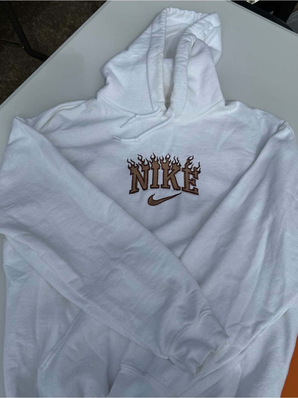 Gildan White Hoodie with Brown Flame Logo - Men's Zip Up Sweater